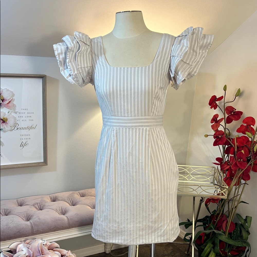 Kimibilla Grey & White Striped Ruffle Sleeve Mini Dress Size 4